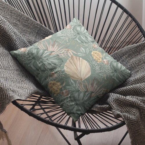 Tropical Watercolor Gold  Green Leaves Pattern  Outdoor Pillow