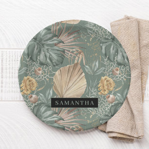 Tropical Watercolor Gold & Green Leaves Pattern Paper Plates
