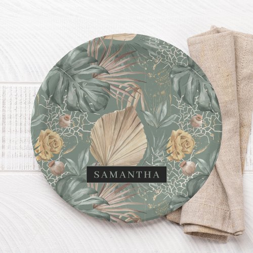 Tropical Watercolor Gold  Green Leaves Pattern Paper Plates