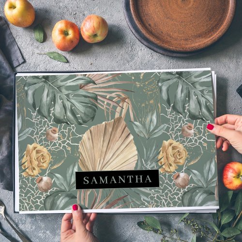 Tropical Watercolor Gold  Green Leaves Pattern  Placemat