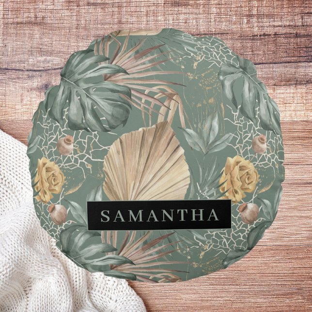 Tropical Watercolor Gold & Green Leaves Pattern  Round Pillow (Creator Uploaded)