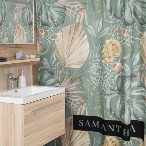 Tropical Watercolor Gold  Green Leaves Pattern  Shower Curtain