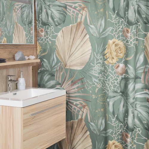 Tropical Watercolor Gold  Green Leaves Pattern  Shower Curtain