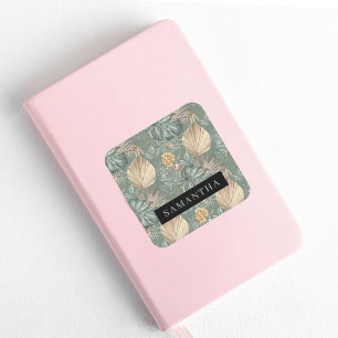 Tropical Watercolor Gold & Green Leaves Pattern Square Sticker