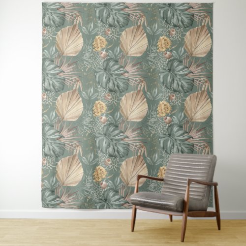Tropical Watercolor Gold  Green Leaves Pattern  Tapestry