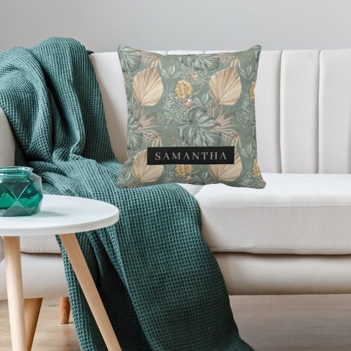 Tropical Watercolor Gold  Green Leaves Pattern  Throw Pillow