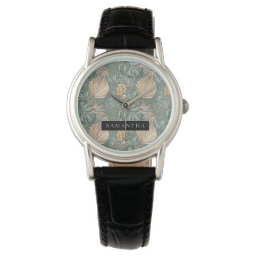 Tropical Watercolor Gold  Green Leaves Pattern  Watch