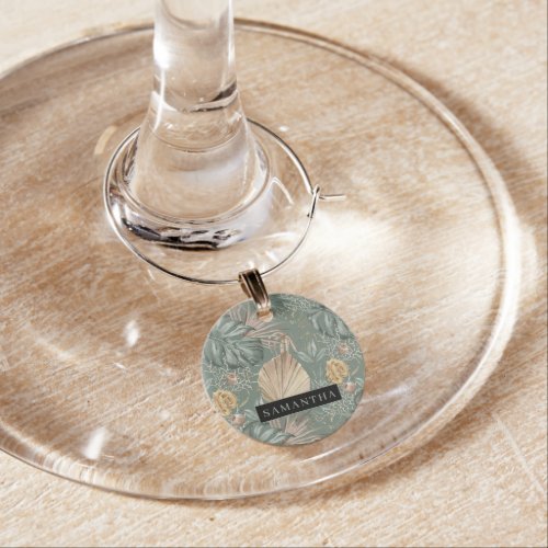 Tropical Watercolor Gold  Green Leaves Pattern  Wine Charm