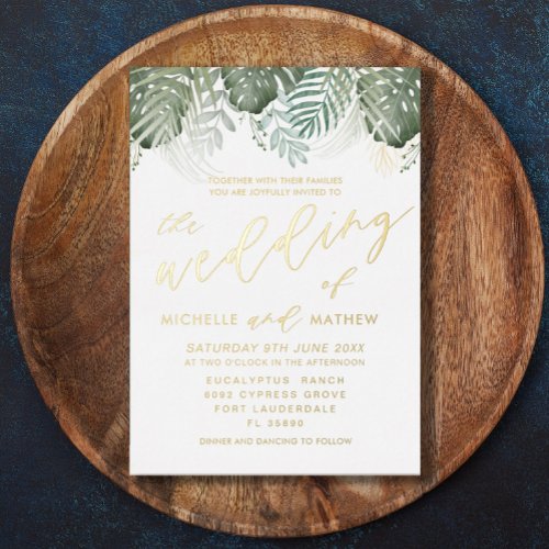 Tropical Watercolor Gold Green Wedding  Foil Invitation