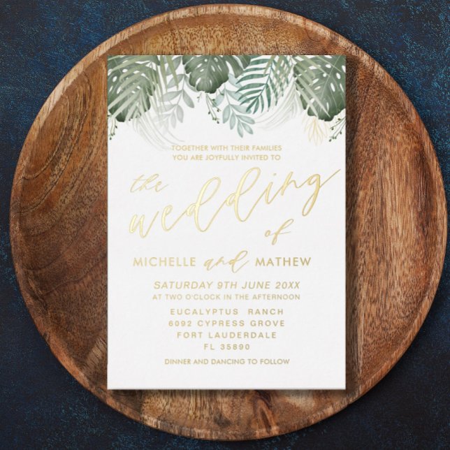 Tropical Watercolor Gold Green Wedding  Foil Invitation (Creator Uploaded)