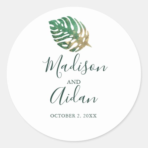 Tropical Watercolor Gold Leaf Wedding Favor Classic Round Sticker