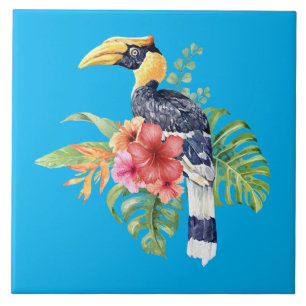 Tropical Watercolor Great Hornbill & Flowers Ceramic Tile