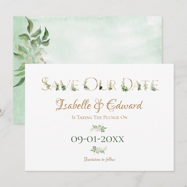Tropical Watercolor Green & Gold Monstera Leaves Save The Date (Front/Back)