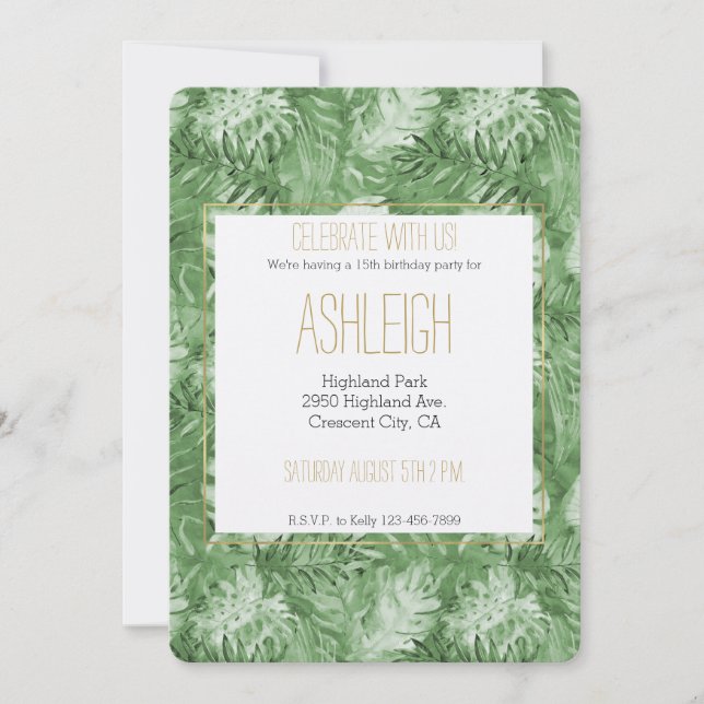 Tropical Watercolor Green Leaves Birthday Invitation (Front)