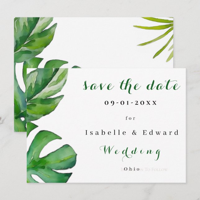 Tropical Watercolor Green Leaves Custom Save The Date (Front/Back)