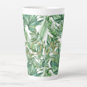 Tropical Watercolor Green Leaves Gold Love (thin) Latte Mug