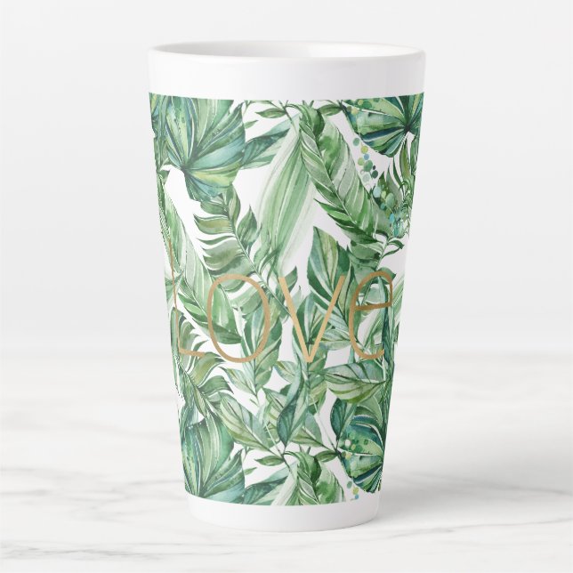 Tropical Watercolor Green Leaves Gold Love (thin) Latte Mug (Front)