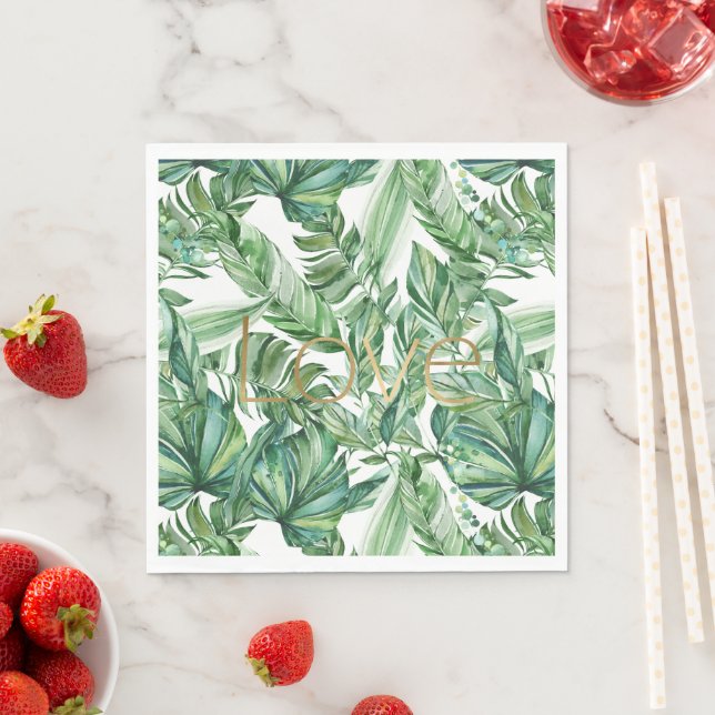 Tropical Watercolor Green Leaves Gold Love (thin) Napkins (Insitu)