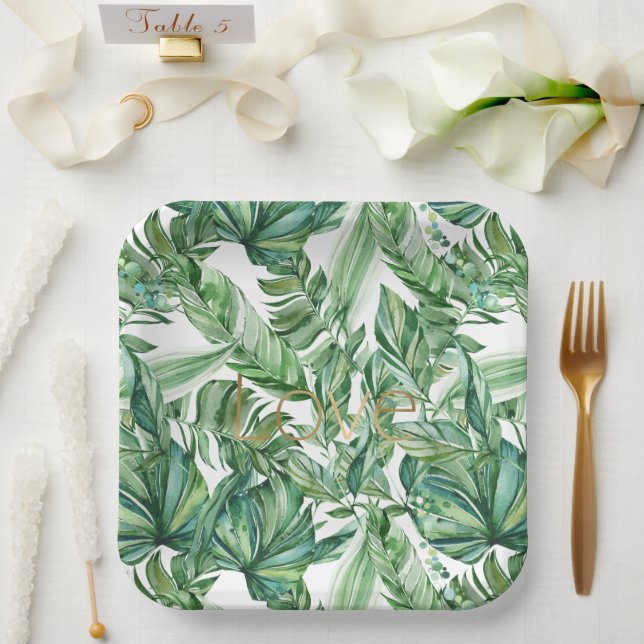 Tropical Watercolor Green Leaves Gold Love (thin) Paper Plates (Wedding)
