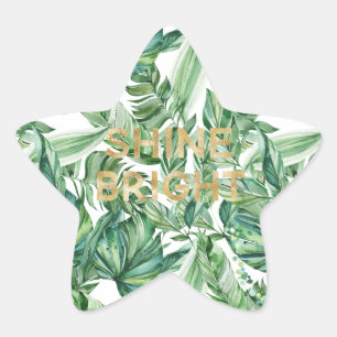 Tropical Watercolor Green Leaves Gold Shine Star Sticker