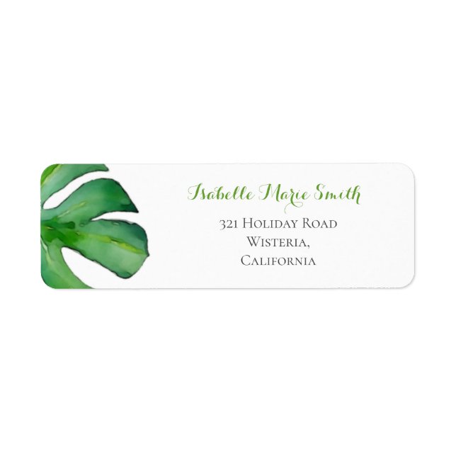 Tropical Watercolor Green Monstera Leaf Wedding  Label (Front)