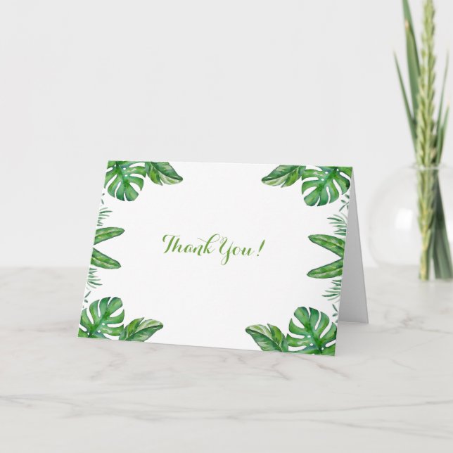 Tropical Watercolor Green Monstera Leaves Frame Thank You Card (Front)