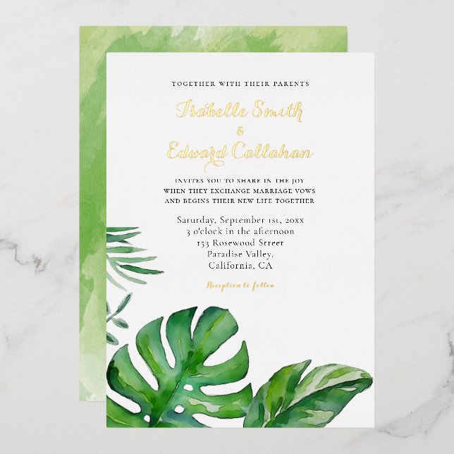 Tropical Watercolor Green Monstera Leaves Wedding Foil Invitation (Front/Back)