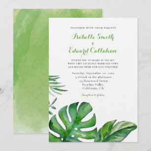 Tropical Watercolor Green Monstera Leaves Wedding Invitation