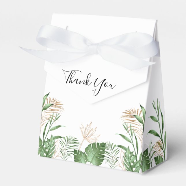 Tropical Watercolor Greenery & Gold Summer Wedding Favor Boxes (Front Side)