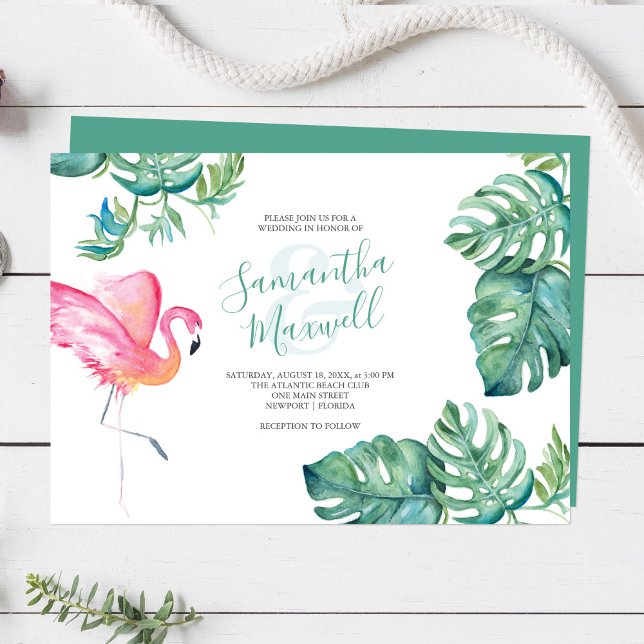 Tropical Watercolor Greenery Wedding (Florida destination wedding invitations watercolor pink flamingo & palm leaf Victoria  Grigaliunas)