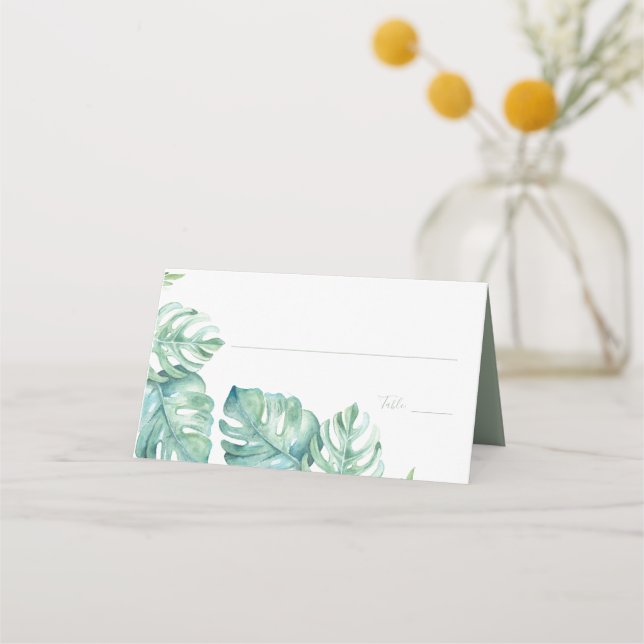 Tropical Watercolor Greenery Wedding Place Card (Front)