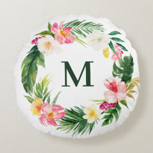 Tropical Watercolor Greenery Wreath Monogram Round Pillow