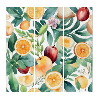 Tropical Watercolor Harmony of Fruits and Leaves Triptych