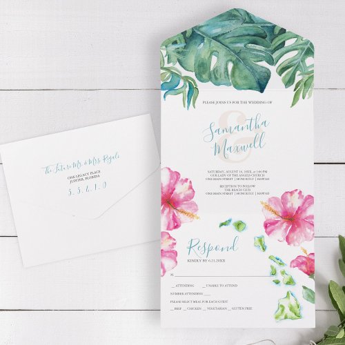 Tropical Watercolor Hawaii Wedding All In One Invitation