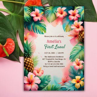 Tropical Watercolor Hawaiian First Luau Birthday