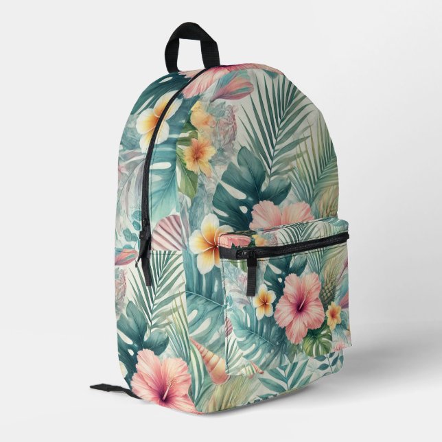 Tropical Watercolor Hibiscus and Palm Leaves  Printed Backpack (Back Corner Left)