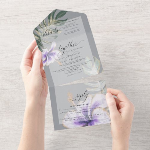 Tropical Watercolor Hibiscus Floral Wedding All In One Invitation