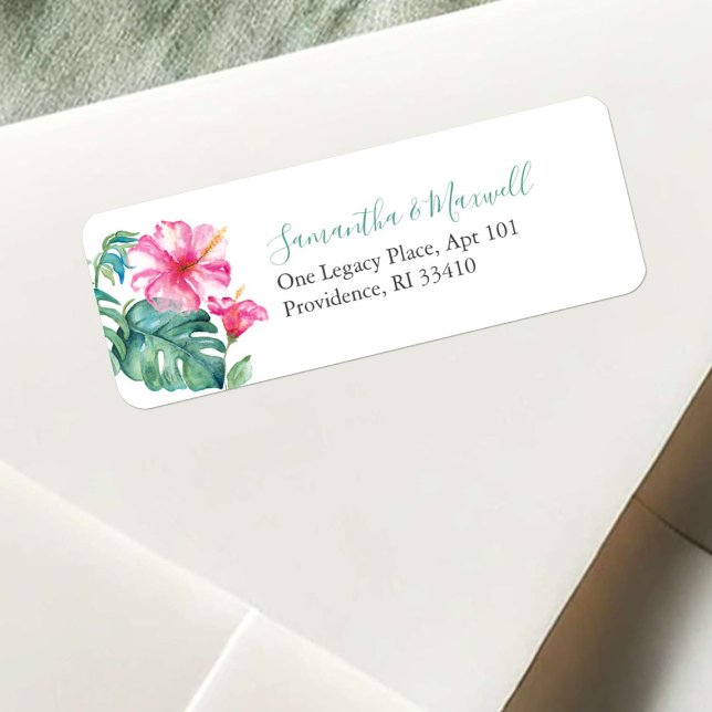 Tropical Watercolor Hibiscus Flower Label (Return address labels pink Hawaiian flower palm leaf art by Victoria Grigaliunas)