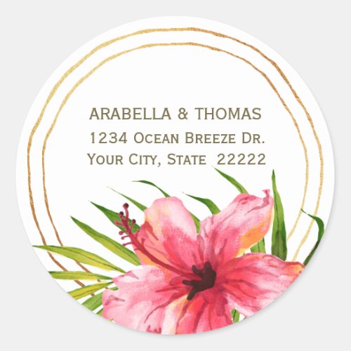 Tropical Watercolor Hibiscus Flower Return Address Classic Round Sticker