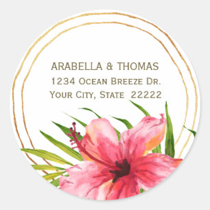 Tropical Watercolor Hibiscus Flower Return Address Classic Round Sticker