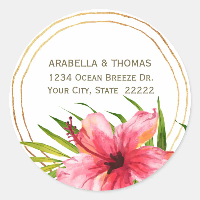 Tropical Watercolor Hibiscus Flower Return Address Classic Round ...