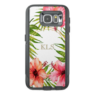 Tropical Watercolor Hibiscus Flowers Monogram OtterBox Samsung Galaxy S6 Case