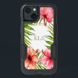 Tropical Watercolor Hibiscus Flowers Monogram iPhone 13 Case<br><div class="desc">Tropical island style watercolor pink and coral hibiscus flowers and palm tree leaves with gold rings monogram.  Can be easily personalized with your initials,  name or desired text.</div>
