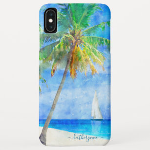 Tropical Watercolor Island Beach Palm Sailboat iPhone XS Max Case