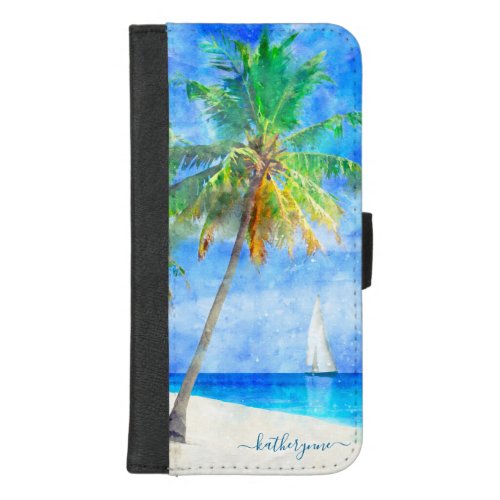 Tropical Watercolor Island Beach Palm Sailboat iPhone 87 Plus Wallet Case