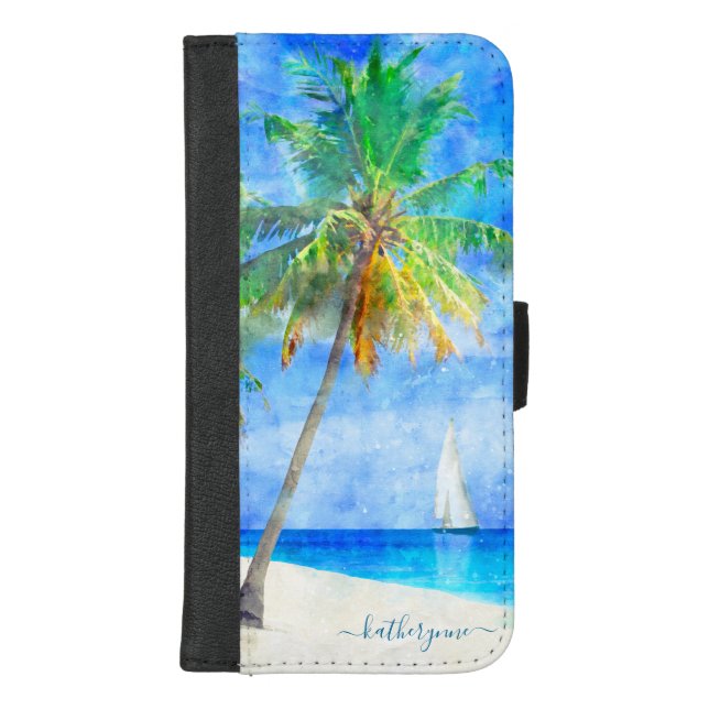 Tropical Watercolor Island Beach Palm Sailboat iPhone Wallet Case (Front)