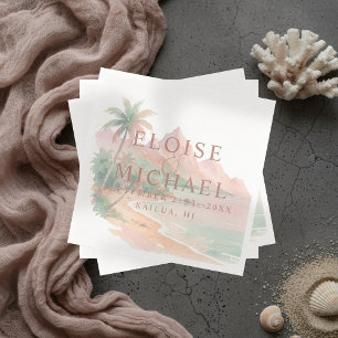 Tropical Watercolor Island Sunset Wedding Napkins