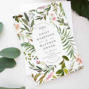 Tropical Watercolor Leaf Frame Wedding Invitation