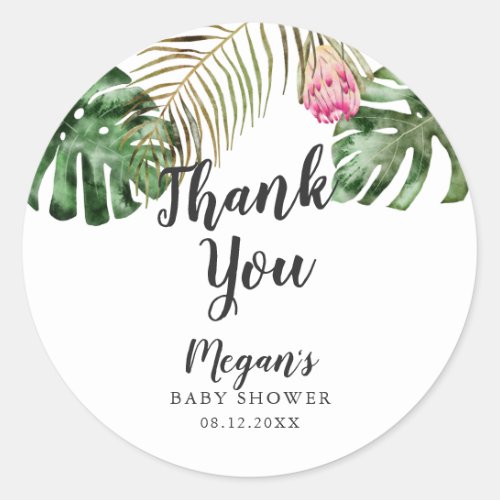 Tropical Watercolor Leaves Baby Shower Classic Round Sticker