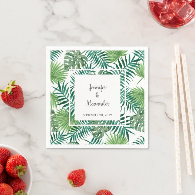 Tropical watercolor leaves bride groom wedding napkins (Insitu)